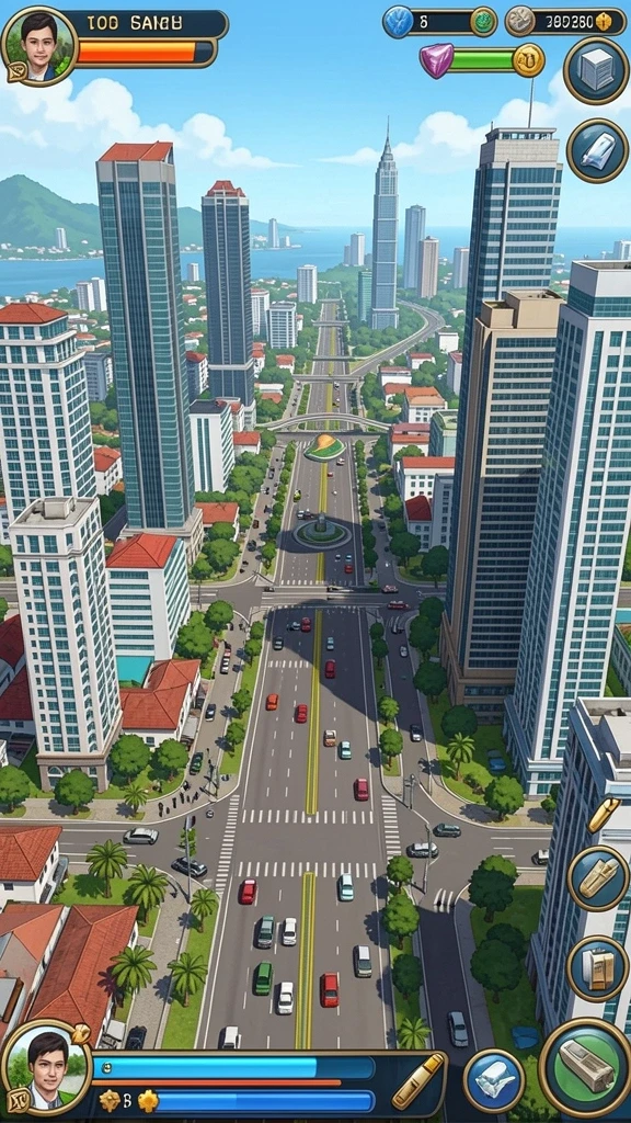 Lingkungan permainan yang indah dan penuh detail.